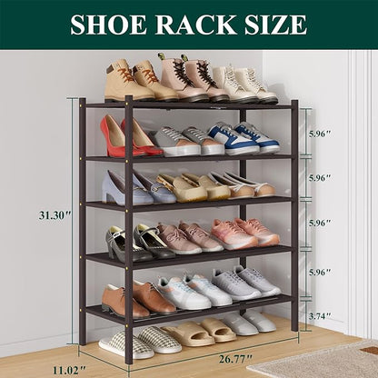 Smiry Bamboo Shoe Rack 5-Tier, Stackable Wooden Shoe Organizer for Entryway & Closet, Free Standing Wood Shoe Storage Shelf for Front Door & Small Spaces, Brown