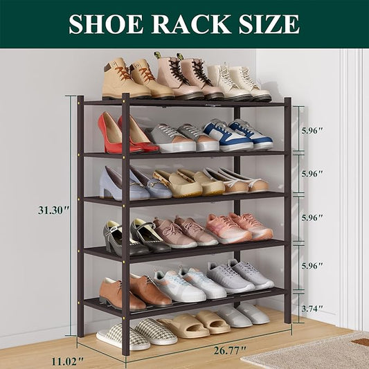 Smiry Bamboo Shoe Rack 5-Tier, Stackable Wooden Shoe Organizer for Entryway & Closet, Free Standing Wood Shoe Storage Shelf for Front Door & Small Spaces, Brown