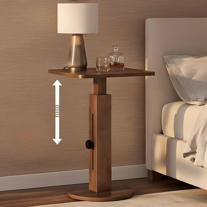 Behomes Aurin Solid Wood Nightstand, Mid Century Modern Side Table with Adjustable Height, Vintage Sofa End Table, Bedside Table for Bedroom, Living Room, Square Top, Walnut