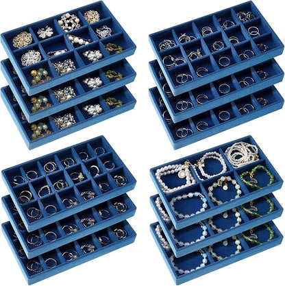 Junkin 12 Pcs Jewelry Tray Velvet Stackable Jewelry Organizer Trays Divided Earring Accessories Storage Containers Box (Rose Red)