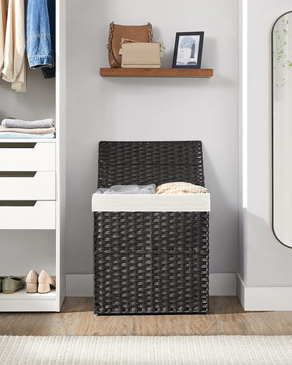 SONGMICS Laundry Hamper with Lid, 110L Clothes Hamper with 2 Removable Liner Bags, 6 Mesh Bags, Wicker Laundry Basket, Double Laundry Hamper for Laundry Room, 13 x 22.4 x 23.6 Inches Black ULCB52BK