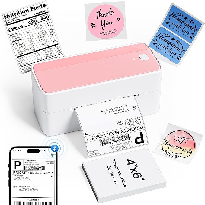 Phomemo Thermal Shipping Label Printer, 241BT Label Printer for Small Business &Shipping Packages, Pink 4x6 Bluetooth Thermal Printers Compatible with Android iOS Windows, Amazon, Ebay,UPS, Shopify