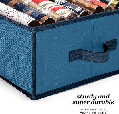Premium Wrapping Paper Organizer Storage | Gift Wrap Holder with Extra Pockets for Christmas Decorations, Reinforced Handles, Heavy Duty, Ultra-Durable, Tear-Proof Fabric - Fits Up to 27 Rolls (Blue)