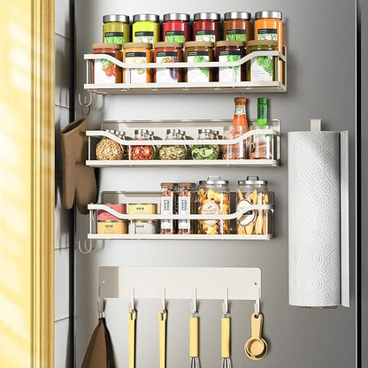 5 Pack Multifunctional Magnetic Shelves for Refrigerator Spice Rack & Washing Machine Organize, Include Paper Towel Holder, Kitchen Utensil Hanger and Hooks, Strong Magnet for Secure Hold (Cream)