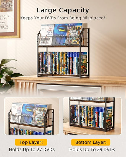 2-Tier DVD Storage Rack, DVD Shelf for Non-slip Feets, DVD Holder Display with 10lb per Tier, Stores Up to 56 DVDs, Display Organizer Tower for Music Enthusiasts and Collection
