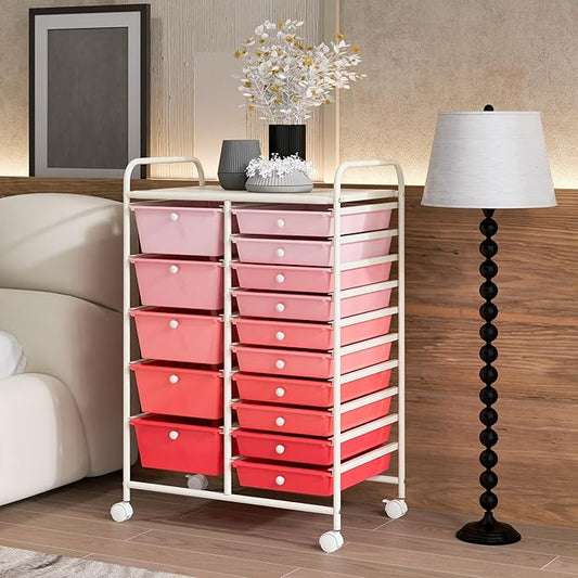 KOTEK 15-Drawer Rolling Storage Cart, Multipurpose Mobile Utility Cart with 4 Wheels, Home Office School Tools Scrapbook Paper Organizer (Pink)