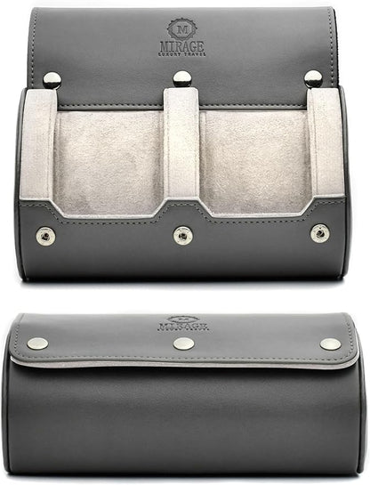 2 Watch Roll Travel Case for Men - Double Watch Case - Slate Grey/Ivory White Vegan Leather