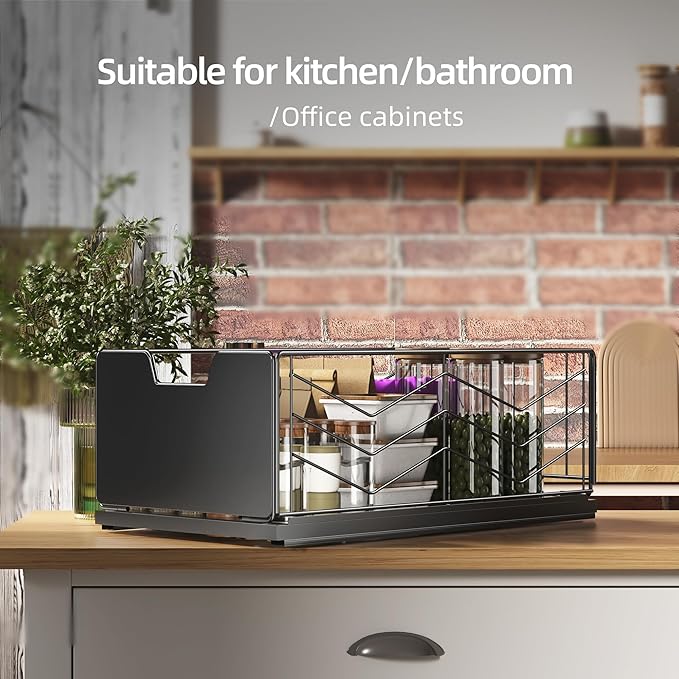 NETEL 2 Pack Pull Out Cabinet Organizer, No Drill Slide Out Drawers for Kitchen Cabinets, Peel and Stick Pull Out Drawers, Kitchen Cabinet Organizer,Black,11.8" W X 20.86" D X 6.9" H