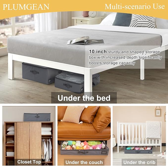 PLUMGEAN 10-Inch Under Bed Storage Containers (2-Pack) | Sturdy Sidewalls | Clear Cover & Label Holder | Foldable Fabric Closet Bin Organizer | Stores Clothing/Blankets/Sweaters/Sheets