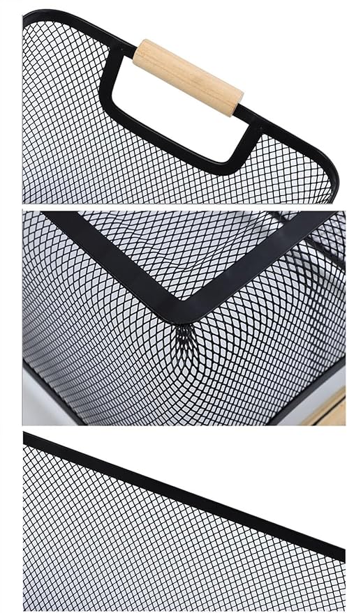 Metal Mesh Steel Basket, Medium Wire Storage Organizer Basket Multi-function Hanging Kitchen Basket with Wood Handle for Kitchen Bathroom Picnic Home, Rectangle-Black