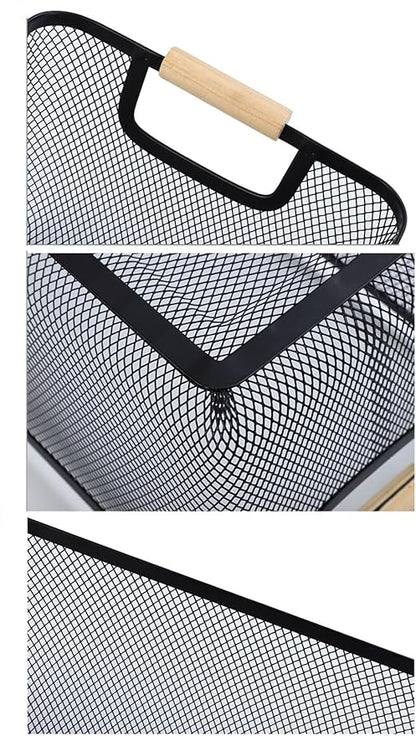 Metal Mesh Steel Basket, Medium Wire Storage Organizer Basket Multi-function Hanging Kitchen Basket with Wood Handle for Kitchen Bathroom Picnic Home, Rectangle-Black