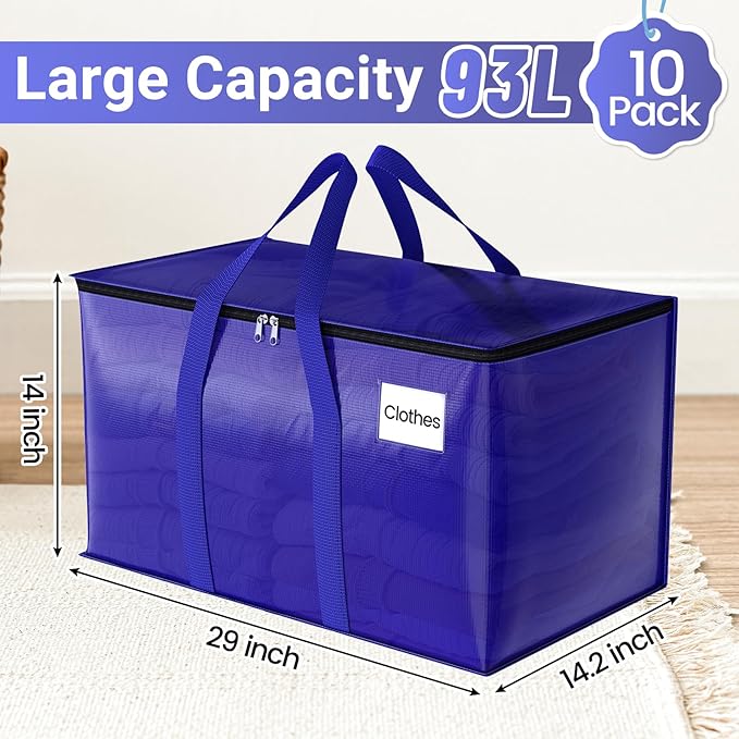 FabSpace 10Pack Moving Storage Bags, Moving Supplies Packing Boxes for Moving, Camping, College Dorm Room Essentials for Girls, Blue Tote Bags, 93L Heavy-Duty Storage Bins With Lids And Zippers