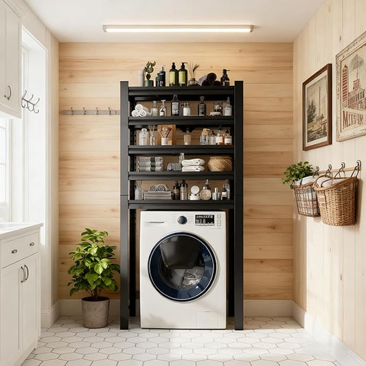 Laundry Room Storage Organizer, Over The Washer and Dryer Storage Shelves for Laundry Organization, 39.4" W x 15.7" D x 77.4" H, Suit Washing Machine Width Within 39.4", Hold 500 lb, Black