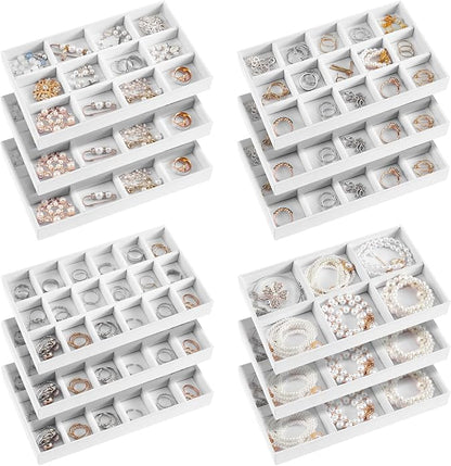 Junkin 12 Pcs Jewelry Tray Velvet Stackable Jewelry Organizer Trays Divided Earring Accessories Storage Containers Box (Rose Red)