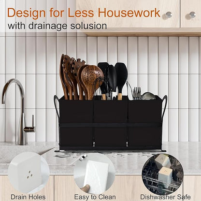 Large Kitchen Utensil Holder, Drainage Utensil Caddy for Countertop, 3pcs Bins Set Cooking Utensil Organizer for Spoons, Spatulas, Black