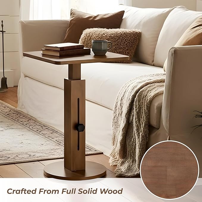 Behomes Aurin Solid Wood Nightstand, Mid Century Modern Side Table with Adjustable Height, Vintage Sofa End Table, Bedside Table for Bedroom, Living Room, Square Top, Walnut