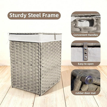 Woven Laundry Hamper with Lid,24Gal (90 L) Rattan Wicker Laundry Basket 2 Sections with Lid, Removable Machine Washable Line, Large Clothes Hamper with Handles for Bathroom Bedroom, Gray
