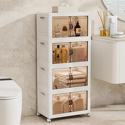 Vavkorkula Storage Bins with 2 Lids and Wheels, 270QT-45QT*6Tier Collapsible Bathroom Storage Cabinet with Clear Doors, Plastic Stackable Closet Organizers and Containers White