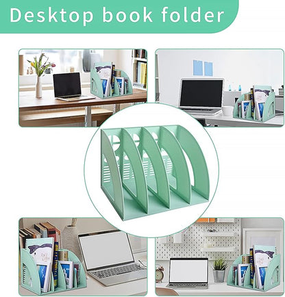 SAYEEC Sturdy Magazine Holder 4 Compartments Plastic Desktop File Organizer File Dividers Office Organizer Storage Document Magaizne Rack Display Box (Green)