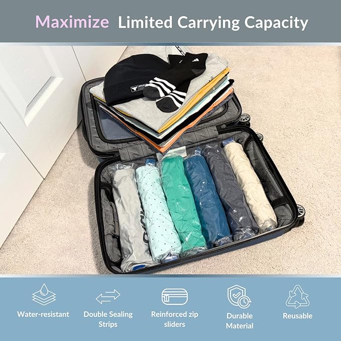Nellivia 18 Pack Compression Bags for Travel, Roll Up Space Saver Bags for Clothes Storage, Compact Packing travel organizer for Luggage, Suitcase, Backpack, No Pump or Vacuum Needed