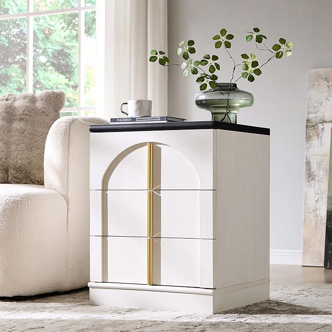 ACCOHOHO Modern Night Stand with Arched Panel, 18" Nightstand with Charging Station, Side Table with 3 Storage Drawers, Wood Square Bedside End Table for Bedroom Living Room, White
