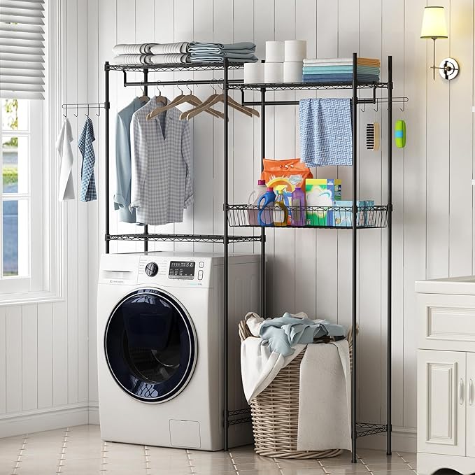 GarveeHome Over Washer and Dryer Shelves, 57.4 in W Laundry Room Clothes Drying Rack, Height Adjustable Towel Racks with Hamper and Hooks, Space Saving Laundry Room Organization and Storage