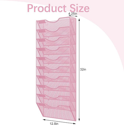 EasyPAG 10 Pocket Mesh Wall File Organizer, Hanging Paper Folder Holder with Classify Label, Vertical Wall Mount Mail Organizer for Office Home Classroom, Pink