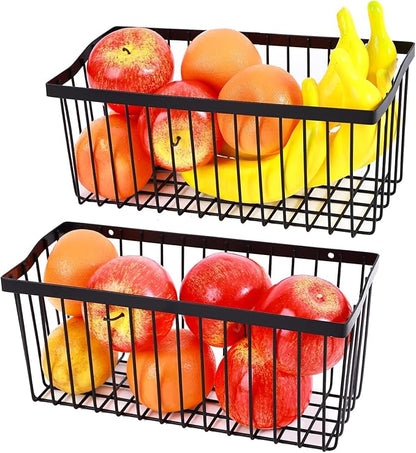 2 Pcs Fruit Basket Wire Baskets, Fruit and Veggie Storage Basket Holder for Kitchen Wall Mounted,Kitchen Organizers and Storage for Snack Onion Potato(Black)