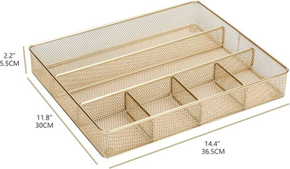 Annova Desk Top Organizer Tray for Office Organization - Metal Mesh - Storage Tray with Dividers for Pens, Desktop Accessories, Bathroom, Kitchen, Makeup and Office Supplies (Large, Gold)