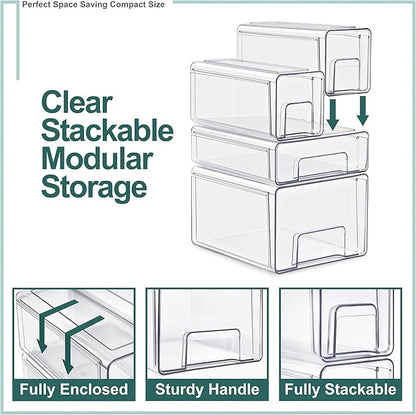 Sorbus Clear Stackable Storage Drawers, 4-Piece Set 1 Large, 1 Medium & 2 Small Pull-Out Plastic Organizer Bins with Handles for Bathroom, Closet, Pantry, Cabinet & Medicine Storage