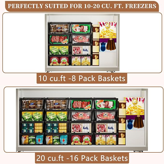 ANJUBAN Large Freezer Organizer Bins，Upgraded Bottom Leak-Proof net，Fit 10 to 20 Cu.Ft Deep Freezer，2 Pack， Expandable Stackable Chest Freezer Organizer Bins , for Fridge, Deep Freezer, Cabinet