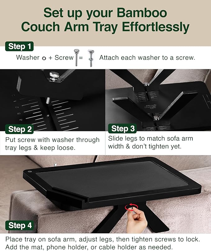 Black Bamboo Couch Armrest Table – Fits Sofa Arms up to 8.8" Wide, 2-in-1 Adjustable Couch Arm Tray with 360° Rotating Phone Holder, Wire Holder & Non-Slip Mat – Sofa Tray for Snacks & Drinks