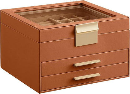 SONGMICS Jewelry Box Organizer with Glass Lid, 3-Layer Jewelry Storage, with 2 Drawers, Modern Style, 8 x 9.1 x 5.3 Inches, Caramel Brown and Gold Color UJBC239K01