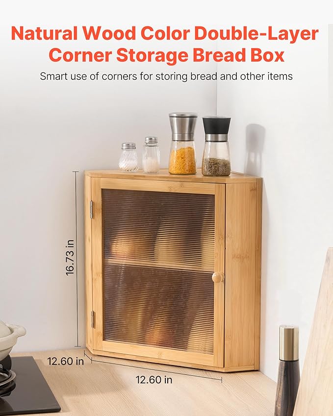 VEVOR Corner Bread Box for Kitchen Counter, Double Layer Large Capacity Bamboo Bread Storage Container, Farmhouse Wooden Breadbox for Homemade Bread, Storage Holder Bin with Acrylic Wavy Door, Natural