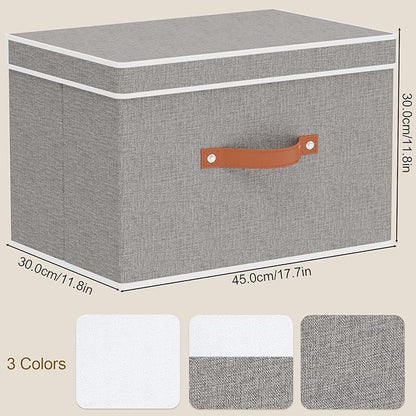 Storage Baskets with Lids and Double Handles, Linen Foldable Storage Bins, 17.7 x 11.8 x 11.8 Inch Closet Organizer Boxes for Laundry Bedroom, Grey, 3-Pack