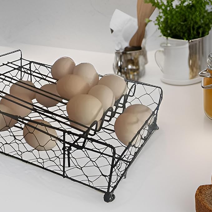 TAIANLE. Wire Egg Basket For Gathering Fresh Eggs with Rolling Tray 2 Tier, Farmhouse Metal Egg Holder Container Countertop, Rustic Display Tray