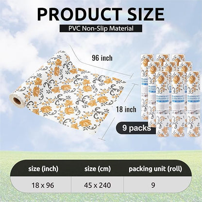 FIFTY FEET 18X96 Inch Shelf Liner for Kitchen Cabinets, PVC Drawer Liner for Dresser Non-Slip Bathroom, Non-Adhesive Cabinet Liner Washable (Yellow Floral)(9 Roll)
