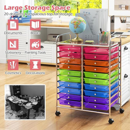 Rolling Cart with 20 Drawers, 20 Tiers Multicolor Trolley, Drawer Bin Carts with 2 Lockable Wheels, Adjustable File & Debris Organizer Cart, Rolling Storage Cart for Office, School, Home