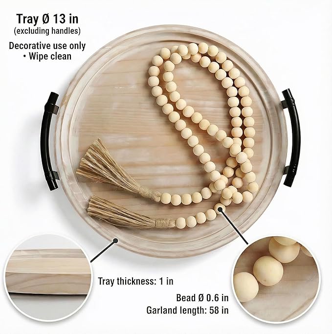 Decorative Round Tray with Bead Garland, 13 Inch Whitewashed Farmhouse Coffee Table Centerpiece, Wooden Decor Tray with Handles for Kitchen Island & Entryway