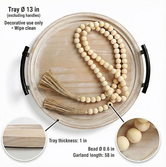 Decorative Round Tray with Bead Garland, 13 Inch Whitewashed Farmhouse Coffee Table Centerpiece, Wooden Decor Tray with Handles for Kitchen Island & Entryway