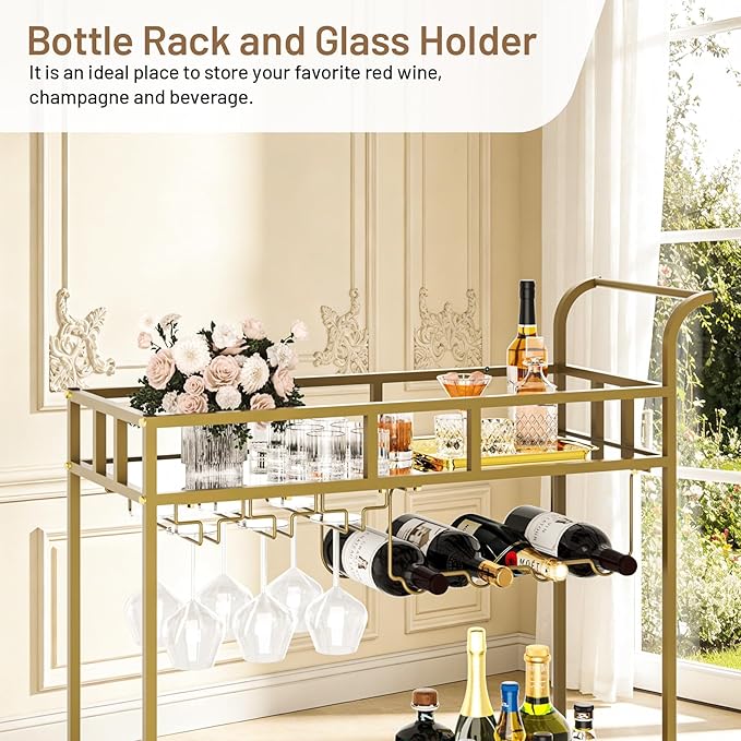 TrailBlaze Gold Mirrored 2-Tier Rolling Bar Cart – Beverage & Wine Service Trolley with 4 Bottle Racks & 3 Glass Holders – Compact Metal Design for Home, Kitchen, Dining, Living Room – 34x15x35in