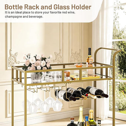 TrailBlaze Gold Mirrored 2-Tier Rolling Bar Cart – Beverage & Wine Service Trolley with 4 Bottle Racks & 3 Glass Holders – Compact Metal Design for Home, Kitchen, Dining, Living Room – 34x15x35in