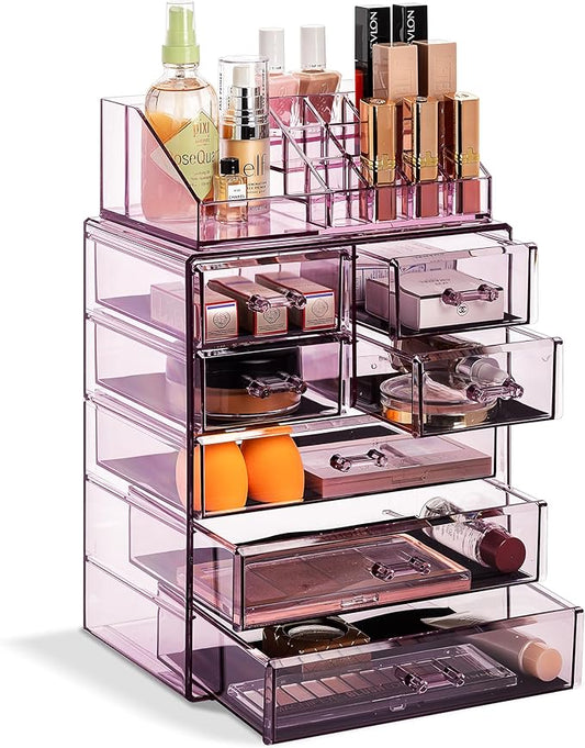 Sorbus Acrylic Makeup Organizer Set, 7-Drawer Vanity & Countertop Cosmetic Storage with Small & Wide Compartments, Purple Makeup Storage for Brushes, Jewelry – Holiday Gift for Women & Teens