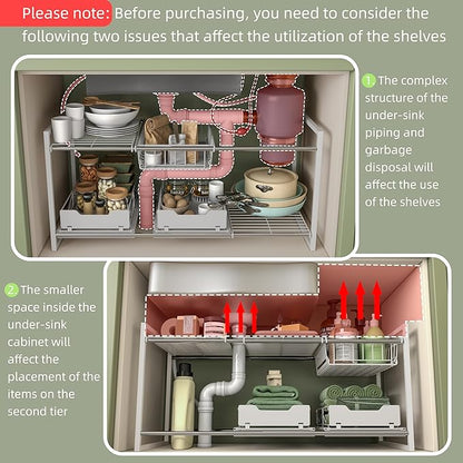 NETEL Under Sink Organizers and Storage,Kitchen Cabinet Organizer,2 Tier Under Sink Expandable Shelves，Bathroom Cabinet Organizer with Pull Out Drawers,(30.9-31.64)" W x 14.69" D x 15.83" H,White