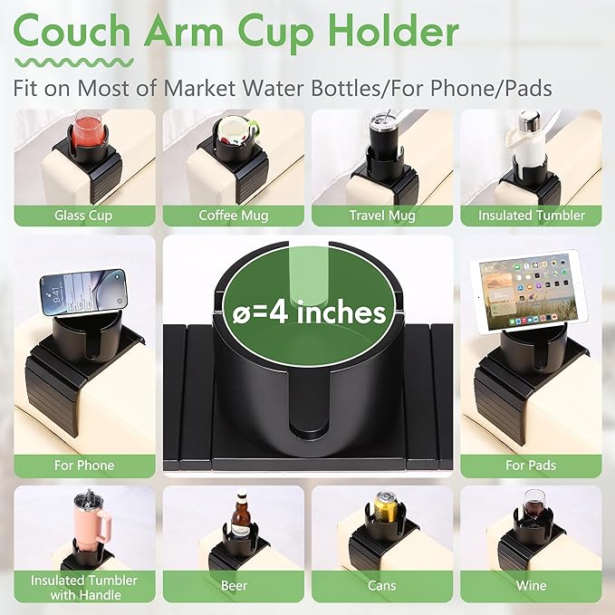 SINWANT Couch Cup Holder, 2 in 1 Bamboo Couch Drink Holder & Phone Stand,Foldable Anti-Slip Sofa Mug Holder for Coffee Mug,Bottles,Cans etc. on 5 Inch Square Soft Sofa RV Armrest