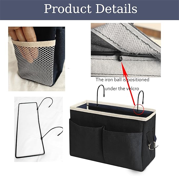 Someteth Bedside Caddy Bedside Hanging Storage Basket Multi-Function Organizer Caddy for Bunk and Hospital Beds Dorm Rooms Bed Rails, Can be Placed Glasses Books Mobile Phones（Black）