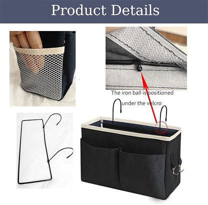 Someteth Bedside Caddy/Bedside Hanging Storage Bag Multi-Function Caddy for Bunk bed Hospital Beds Dorm Bed Rails, Holders Books Glasses Phones Magazine（2pc Black）