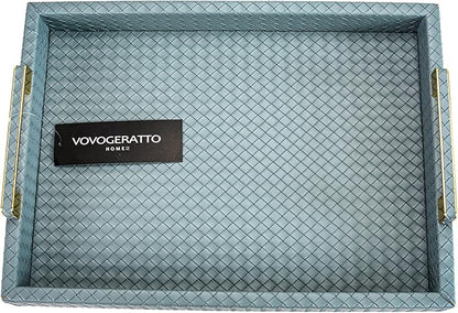 Decorative Serving Tray for Ottoman Coffee Table, 16"x12" Large Rectangular Tray Leather Serving Trays with Gold Polished Metal Handles - Home Decor - Blue