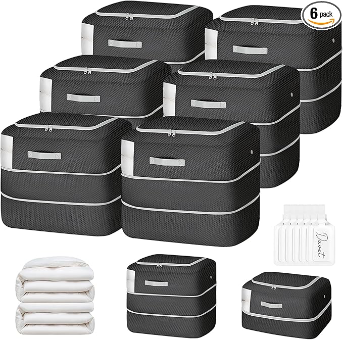 Easortm Comforter Storage Bag - 110L Large Capacity Blanket Storage Bags 2-Layer Ultra Space Saving Self Compression Organizer, Washable Compression Bags for Storage Comforter Blanket, 6-Pack, Black