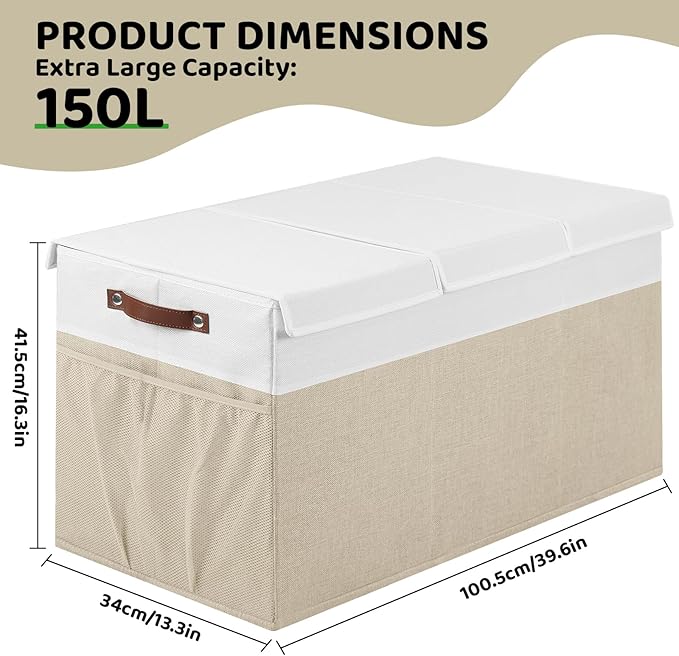Extra Large Toy Chest,Foldable Storage Box, Large Storage Bins With Lids, Suitable for living rooms, studies, bedrooms(40"X18"X14",White & Beige)
